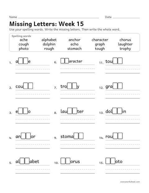 Preview of the printable “Missing Letters: week 15 (ph, gh and ch)” worksheet: writing the missing pattern letters in spelling words with ph and gh that say /f/ and ch that says /k/, as in dolphin, cough and echo