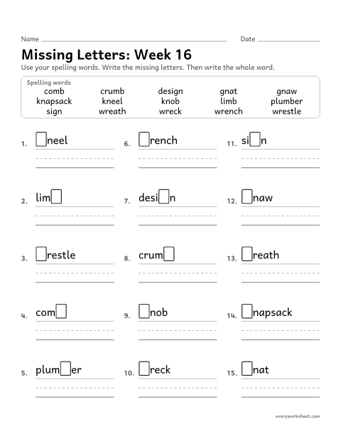 Preview of the printable “Missing Letters: week 16 (Silent letters: kn, wr, gn, mb)” worksheet: writing the missing pattern letters in spelling words with silent letters in kn, wr, gn and mb, as in kneel, wreck, gnaw and crumb