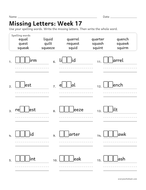Preview of the printable “Missing Letters: week 17 (qu and squ)” worksheet: writing the missing pattern letters in spelling words with qu and squ, as in quilt, liquid and squeeze