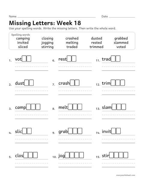 Preview of the printable “Missing Letters: week 18 (Adding -ed and -ing)” worksheet: writing the missing pattern letters in spelling words with adding -ed and -ing: double the last letter, drop the e, or just add, as in grabbed, voted and melting
