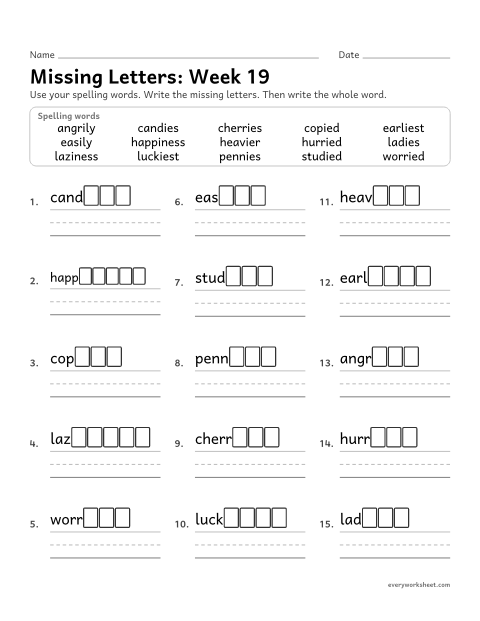 Preview of the printable “Missing Letters: week 19 (Change y to i)” worksheet: writing the missing pattern letters in spelling words with changing y to i before an ending, as in cherries, hurried, heavier and happiness