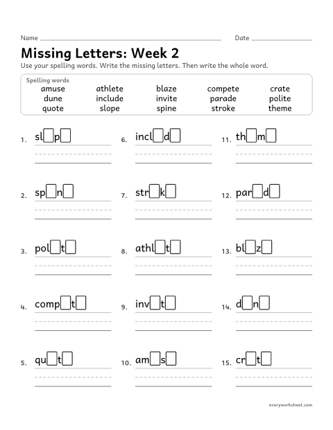 Preview of the printable “Missing Letters: week 2 (Long vowels with silent e)” worksheet: writing the missing pattern letters in spelling words with silent e with every vowel, as in blaze, theme, spine, slope and dune