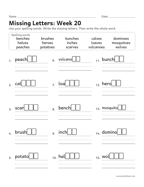 Preview of the printable “Missing Letters: week 20 (Plurals: -es, -oes and -ves)” worksheet: writing the missing pattern letters in spelling words with plurals with -es, -oes and f to v, as in benches, heroes and wolves