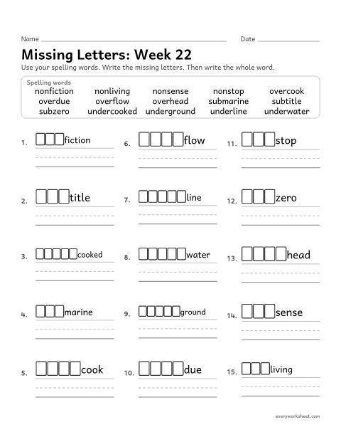 Preview of the printable “Missing Letters: week 22 (Prefixes non-, over-, under- and sub-)” worksheet: writing the missing pattern letters in spelling words with the prefixes non-, over-, under- and sub-, as in nonstop, overflow, underline and submarine