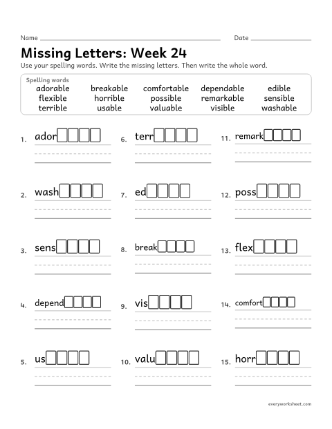 Preview of the printable “Missing Letters: week 24 (Suffixes -able and -ible)” worksheet: writing the missing pattern letters in spelling words with the suffixes -able and -ible, as in washable and visible