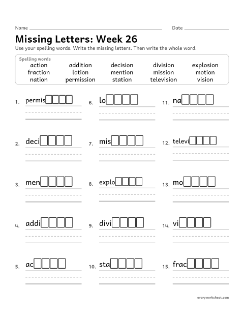 Preview of the printable “Missing Letters: week 26 (Endings -tion and -sion)” worksheet: writing the missing pattern letters in spelling words with the endings -tion and -sion, as in station and television