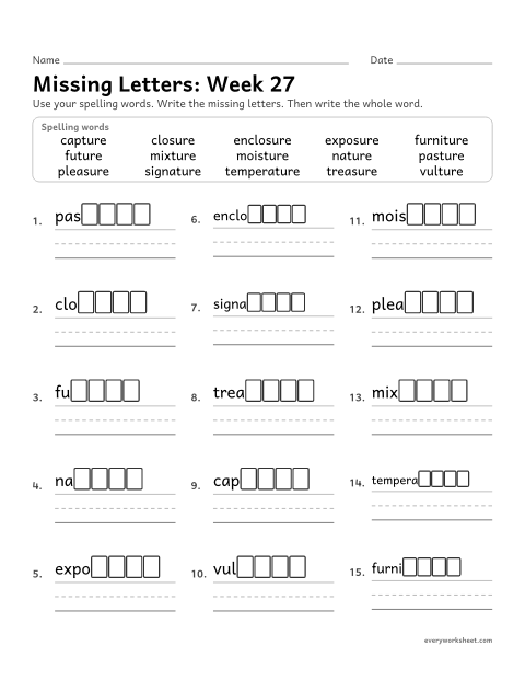 Preview of the printable “Missing Letters: week 27 (Endings -ture and -sure)” worksheet: writing the missing pattern letters in spelling words with the endings -ture and -sure, as in nature and treasure