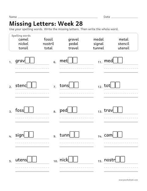 Preview of the printable “Missing Letters: week 28 (Endings -el, -al and -il)” worksheet: writing the missing pattern letters in spelling words with words that end in -el, -al and -il, as in tunnel, medal and fossil