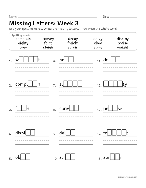 Preview of the printable “Missing Letters: week 3 (Long a: ai, ay, eigh, ey)” worksheet: writing the missing pattern letters in spelling words with long a spelled ai, ay, eigh and ey, as in faint, stray, weight and obey
