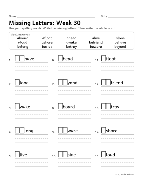 Preview of the printable “Missing Letters: week 30 (a- and be- at the start)” worksheet: writing the missing pattern letters in spelling words with words that start with a- and be-, as in ashore and beside