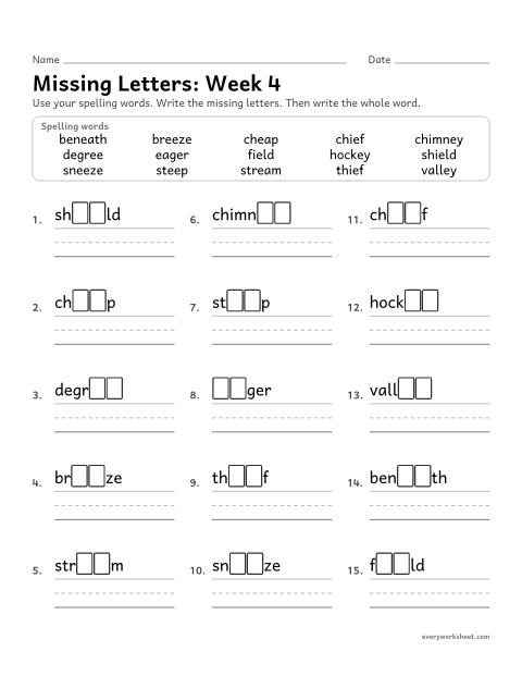 Preview of the printable “Missing Letters: week 4 (Long e: ee, ea, ie, ey)” worksheet: writing the missing pattern letters in spelling words with long e spelled ee, ea, ie and ey, as in sneeze, stream, shield and valley