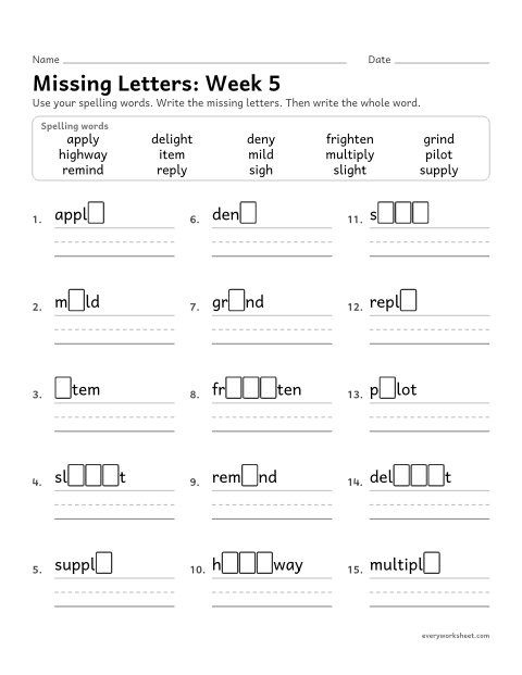 Preview of the printable “Missing Letters: week 5 (Long i: igh, y, i)” worksheet: writing the missing pattern letters in spelling words with long i spelled igh, y and i, as in sigh, reply and mild