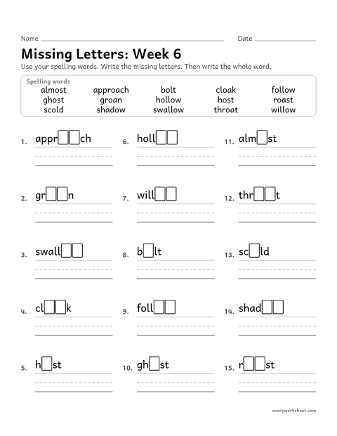 Preview of the printable “Missing Letters: week 6 (Long o: oa, ow, o)” worksheet: writing the missing pattern letters in spelling words with long o spelled oa, ow and o, as in throat, shadow and ghost