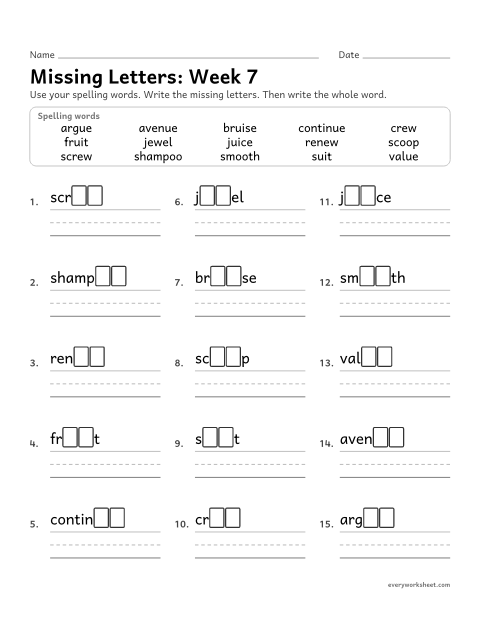 Preview of the printable “Missing Letters: week 7 (ue, ew, ui and oo)” worksheet: writing the missing pattern letters in spelling words with the /oo/ sound spelled ue, ew, ui and oo, as in argue, jewel, fruit and smooth