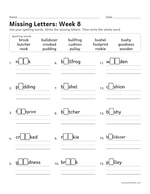 Preview of the printable “Missing Letters: week 8 (oo and u as in book and push)” worksheet: writing the missing pattern letters in spelling words with the sound in book, spelled oo or u, as in brook, wooden and cushion