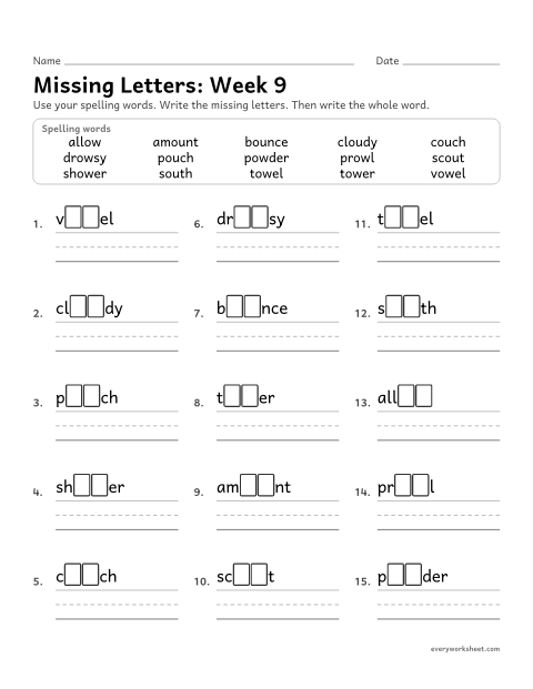Preview of the printable “Missing Letters: week 9 (ou and ow)” worksheet: writing the missing pattern letters in spelling words with the /ow/ sound spelled ou and ow, as in bounce and drowsy