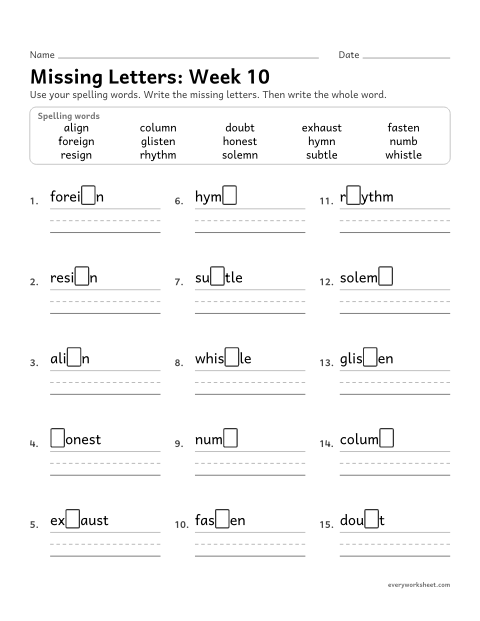 Preview of the printable “Missing Letters: week 10 (Silent letters: gn, mn, st, h and b)” worksheet: writing the missing pattern letters in spelling words with silent letters, as in foreign, column, whistle, honest and doubt