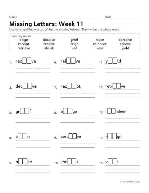 Preview of the printable “Missing Letters: week 11 (ie and ei)” worksheet: writing the missing pattern letters in spelling words with ie and ei, as in niece, receive and reindeer