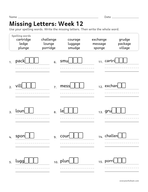 Preview of the printable “Missing Letters: week 12 (Endings -age, -dge and -nge)” worksheet: writing the missing pattern letters in spelling words with the endings -age, -dge and -nge, as in package, porridge and sponge