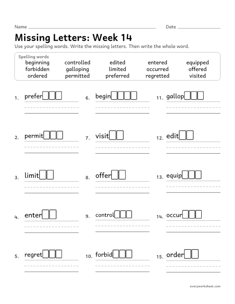 Preview of the printable “Missing Letters: week 14 (Doubling in longer words)” worksheet: writing the missing pattern letters in spelling words with adding -ed, -ing and -en to longer words, as in beginning and visited