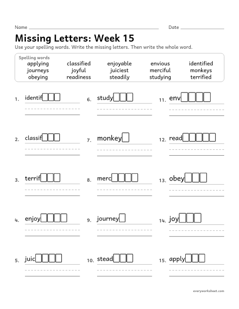 Preview of the printable “Missing Letters: week 15 (Change y to i, or keep the y)” worksheet: writing the missing pattern letters in spelling words with words that change y to i (identified, merciful) or keep the y (studying, journeys)