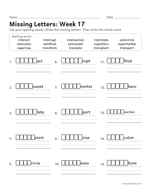 Preview of the printable “Missing Letters: week 17 (Prefixes inter-, trans-, super- and semi-)” worksheet: writing the missing pattern letters in spelling words with the prefixes inter-, trans-, super- and semi-, as in interrupt, transport, supermarket and semicircle