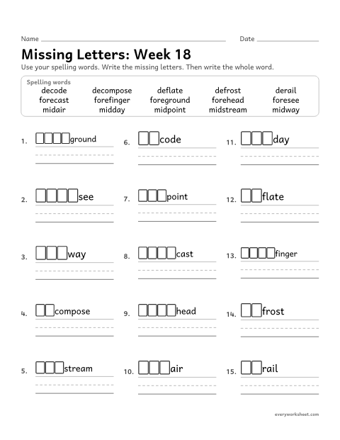 Preview of the printable “Missing Letters: week 18 (Prefixes fore-, mid- and de-)” worksheet: writing the missing pattern letters in spelling words with the prefixes fore-, mid- and de-, as in forecast, midday and defrost