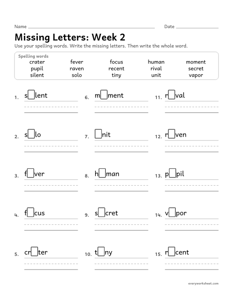 Preview of the printable “Missing Letters: week 2 (Open syllables)” worksheet: writing the missing pattern letters in spelling words with open syllables, as in raven and pupil