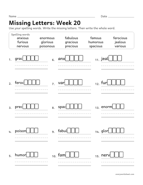 Preview of the printable “Missing Letters: week 20 (Suffixes -ous and -ious)” worksheet: writing the missing pattern letters in spelling words with the suffixes -ous and -ious, which mean full of, as in famous and furious