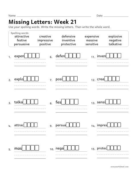 Preview of the printable “Missing Letters: week 21 (Endings -sive and -tive)” worksheet: writing the missing pattern letters in spelling words with the endings -sive and -tive, as in expensive and creative