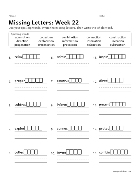 Preview of the printable “Missing Letters: week 22 (Suffixes -tion and -ation)” worksheet: writing the missing pattern letters in spelling words with the suffixes -tion and -ation, as in invention and exploration