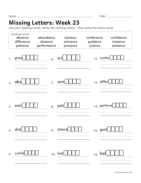 Preview of the printable “Missing Letters: week 23 (Endings -ance and -ence)” worksheet: writing the missing pattern letters in spelling words with the endings -ance and -ence, as in distance and patience