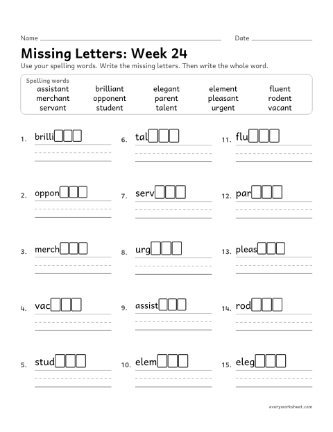 Preview of the printable “Missing Letters: week 24 (Endings -ant and -ent)” worksheet: writing the missing pattern letters in spelling words with the endings -ant and -ent, as in pleasant and student