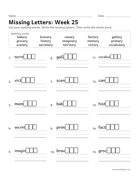 Preview of the printable “Missing Letters: week 25 (Endings -ary, -ery and -ory)” worksheet: writing the missing pattern letters in spelling words with the endings -ary, -ery and -ory, as in primary, bakery and history