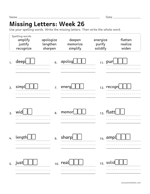 Preview of the printable “Missing Letters: week 26 (Suffixes -ize, -ify and -en)” worksheet: writing the missing pattern letters in spelling words with the verb suffixes -ize, -ify and -en, as in memorize, simplify and sharpen