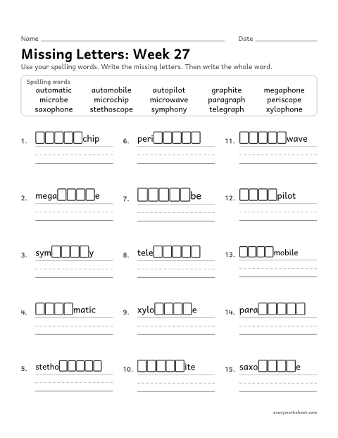 Preview of the printable “Missing Letters: week 27 (Greek roots)” worksheet: writing the missing pattern letters in spelling words with the Greek roots phon, graph, scope, auto and micro, as in saxophone, paragraph and microwave
