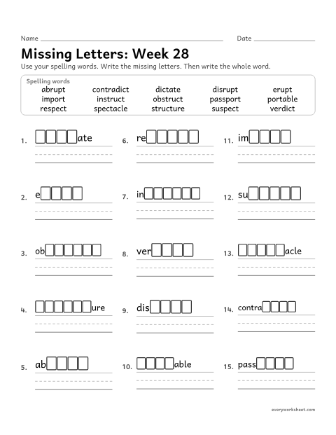 Preview of the printable “Missing Letters: week 28 (Latin roots: port, rupt, struct, spect, dict)” worksheet: writing the missing pattern letters in spelling words with the Latin roots port, rupt, struct, spect and dict, as in portable, erupt and structure