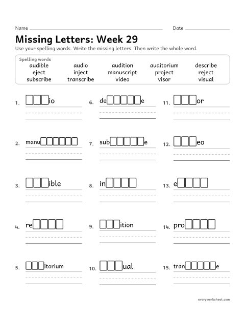 Preview of the printable “Missing Letters: week 29 (Latin roots: aud, vis, scrib, ject)” worksheet: writing the missing pattern letters in spelling words with the Latin roots aud, vis, scrib and ject, as in audible, visual, describe and project