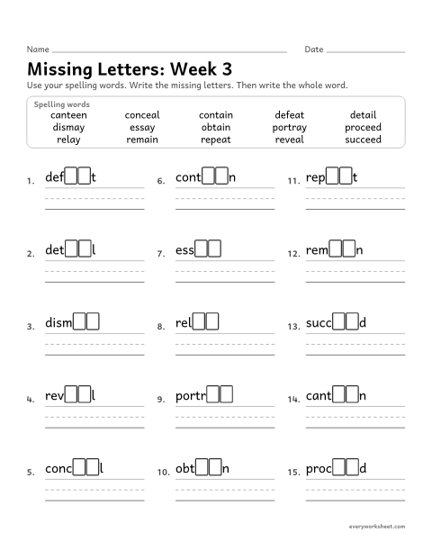 Preview of the printable “Missing Letters: week 3 (Long a and long e teams)” worksheet: writing the missing pattern letters in spelling words with long a and long e spelled ai, ay, ea and ee, as in remain, essay, reveal and succeed