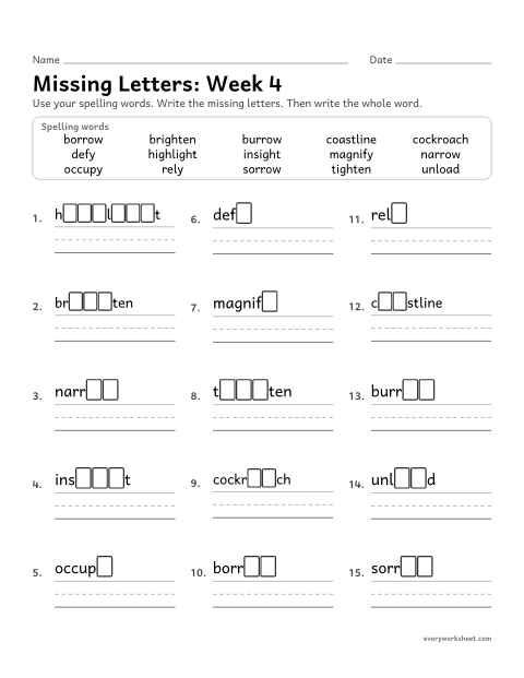 Preview of the printable “Missing Letters: week 4 (Long i and long o)” worksheet: writing the missing pattern letters in spelling words with long i spelled igh and y, and long o spelled oa and ow, as in brighten, rely, unload and narrow