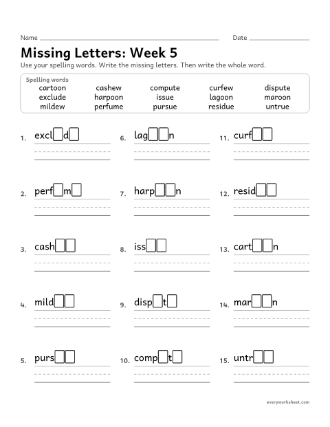 Preview of the printable “Missing Letters: week 5 (u_e, ue, ew and oo)” worksheet: writing the missing pattern letters in spelling words with the /oo/ and /yoo/ sounds spelled u_e, ue, ew and oo, as in perfume, issue, curfew and cartoon