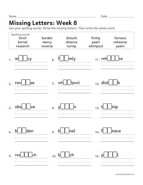 Preview of the printable “Missing Letters: week 8 (er, ir, ur and ear)” worksheet: writing the missing pattern letters in spelling words with er, ir, ur and ear, as in mercy, firmly, furnace and research