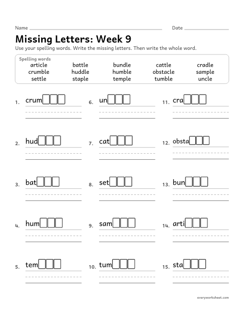 Preview of the printable “Missing Letters: week 9 (Consonant-le endings)” worksheet: writing the missing pattern letters in spelling words with a consonant plus le at the end, as in humble, sample, battle, bundle and uncle