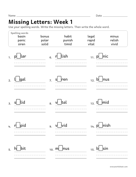 Preview of the printable “Missing Letters: week 1 (VCV syllables)” worksheet: writing the missing pattern letters in spelling words with one consonant between two vowels, as in bonus and panic
