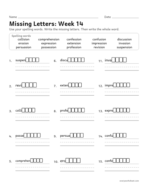 Preview of the printable “Missing Letters: week 14 (Suffixes -sion and -ssion)” worksheet: writing the missing pattern letters in spelling words with adding -ion to words ending in ss, de, se and nd, as in discussion, collision and extension