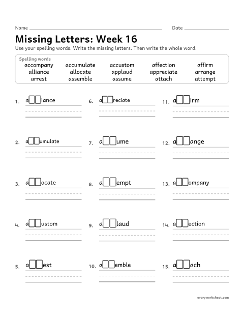 Preview of the printable “Missing Letters: week 16 (Prefix ad- in disguise)” worksheet: writing the missing pattern letters in spelling words with words that start with a and a double consonant, as in accompany, applaud and attach