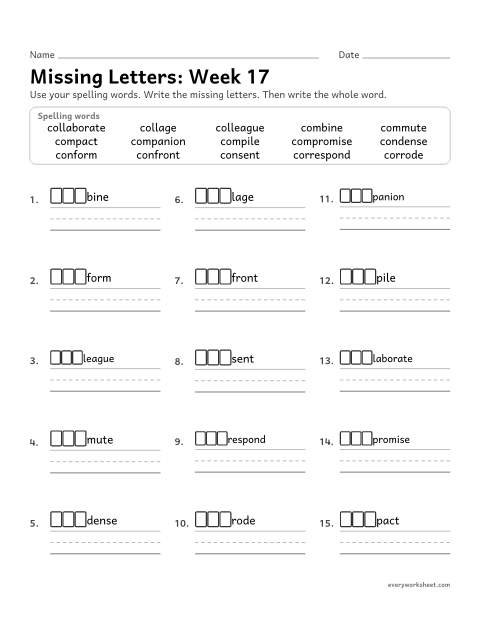 Preview of the printable “Missing Letters: week 17 (Prefixes con-, com-, col- and cor-)” worksheet: writing the missing pattern letters in spelling words with the prefix con- (with, together) and its other forms, as in combine, collage and correspond