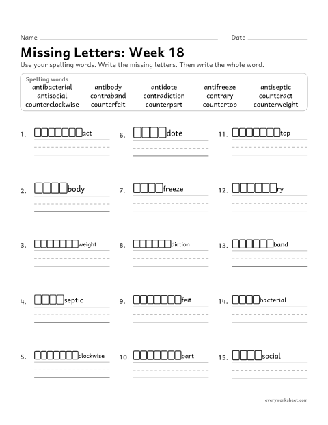 Preview of the printable “Missing Letters: week 18 (Prefixes anti-, counter- and contra-)” worksheet: writing the missing pattern letters in spelling words with prefixes that mean against, as in antiseptic, counterclockwise and contrary