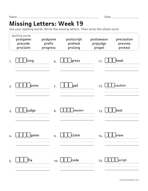 Preview of the printable “Missing Letters: week 19 (Prefixes pre-, pro- and post-)” worksheet: writing the missing pattern letters in spelling words with the prefixes pre- (before), pro- (forward) and post- (after), as in preview, propel and postpone