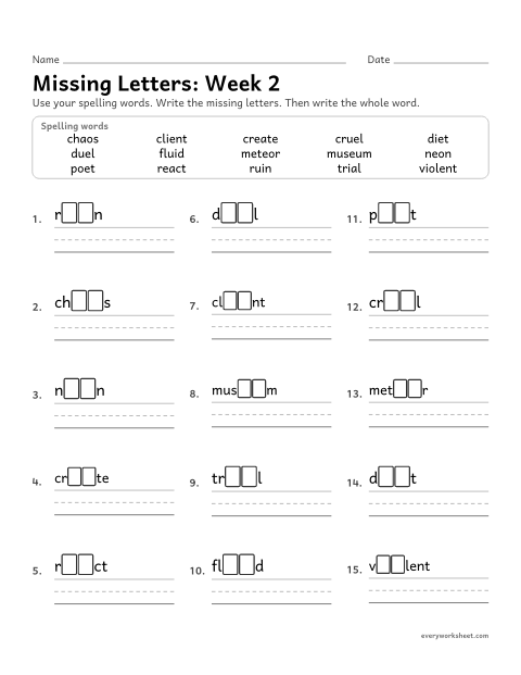 Preview of the printable “Missing Letters: week 2 (Vowels that split)” worksheet: writing the missing pattern letters in spelling words with two vowels side by side in different syllables, as in diet and create